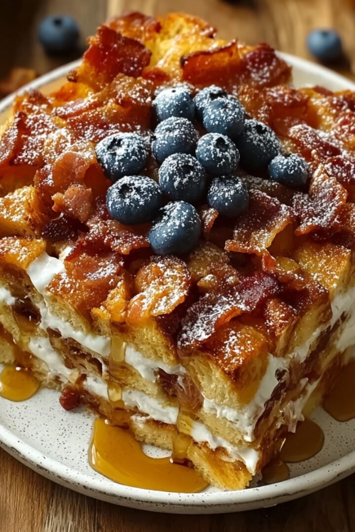 A thick slice of maple bacon breakfast casserole with layers of golden bread, cream cheese, and crispy bacon, topped with fresh blueberries and powdered sugar, drizzled with maple syrup on a speckled white plate with scattered blueberries on a wooden surface.