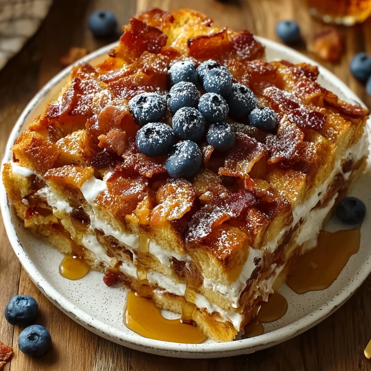 A thick slice of maple bacon breakfast casserole with layers of golden bread, cream cheese, and crispy bacon, topped with fresh blueberries and powdered sugar, drizzled with maple syrup on a speckled white plate with scattered blueberries on a wooden surface.