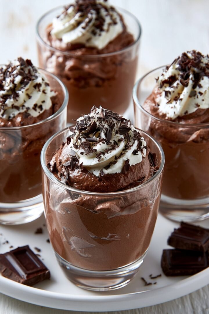 Four glass cups filled with rich dark chocolate mousse, topped with swirled whipped cream and dark chocolate shavings, arranged on a white plate with chocolate pieces scattered around, with a vintage silver spoon in one glass on a rustic white wooden surface.
