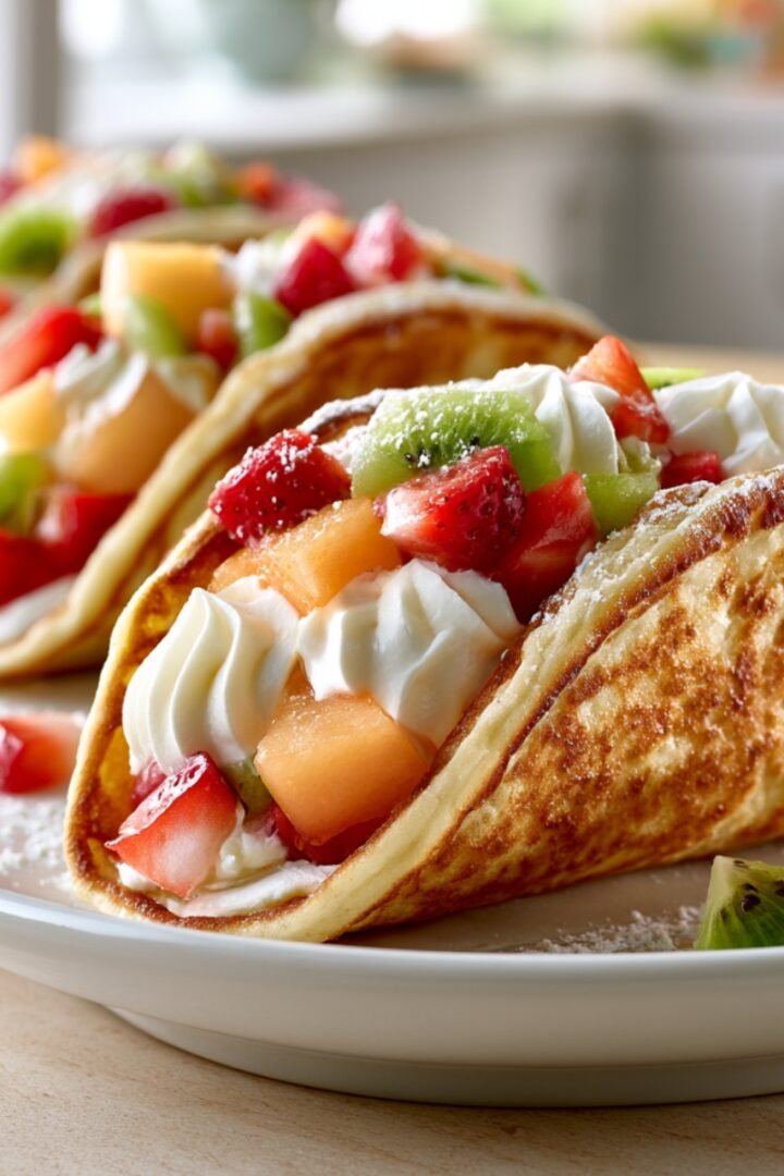Three golden pancake tacos folded like taco shells, filled with whipped cream, diced strawberries, kiwi, and cantaloupe, dusted with powdered sugar, served on a white plate with fresh strawberry and kiwi garnish.