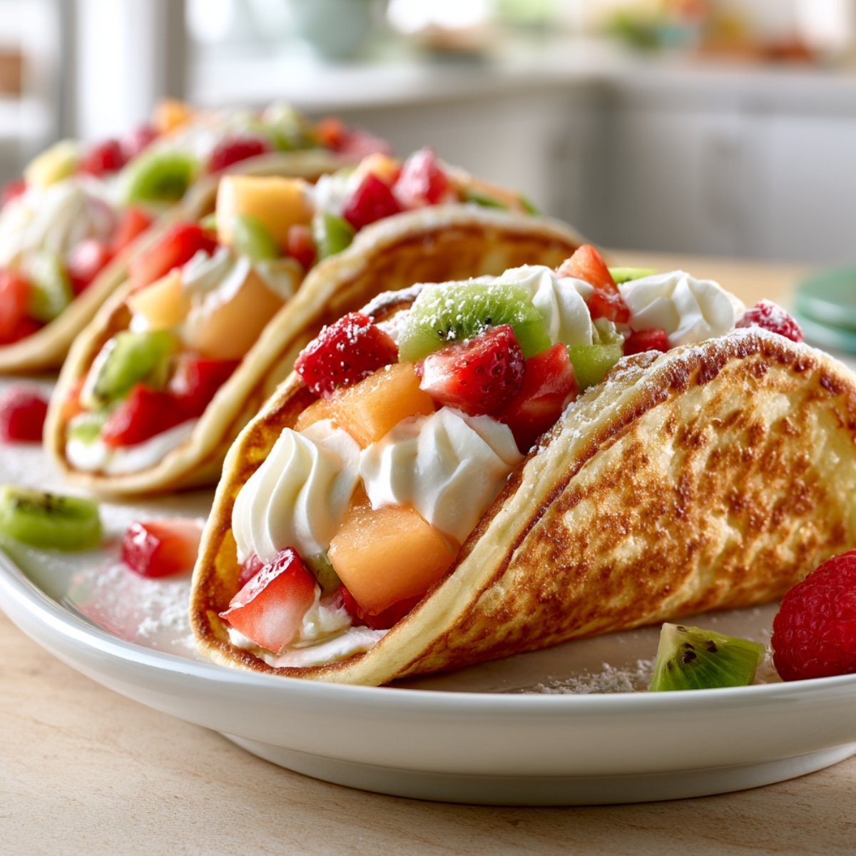 Three golden pancake tacos folded like taco shells, filled with whipped cream, diced strawberries, kiwi, and cantaloupe, dusted with powdered sugar, served on a white plate with fresh strawberry and kiwi garnish.