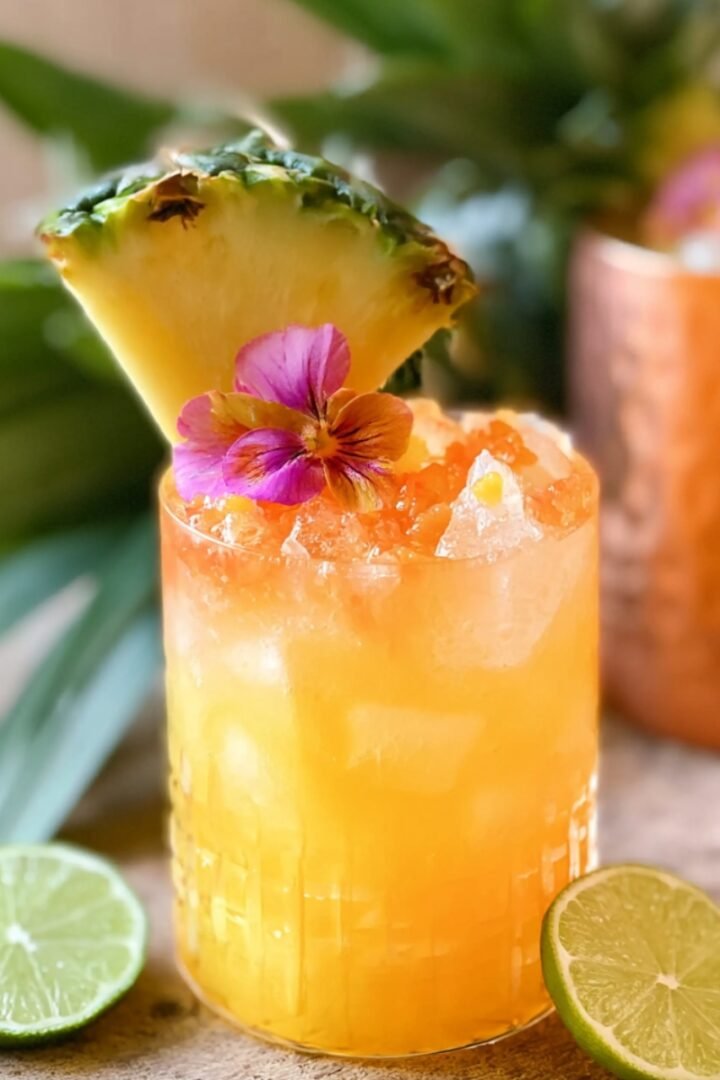 A tropical pineapple mango rum punch served over crushed ice in a rocks glass, garnished with a fresh pineapple wedge and a pink edible pansy flower, with lime halves on the side.