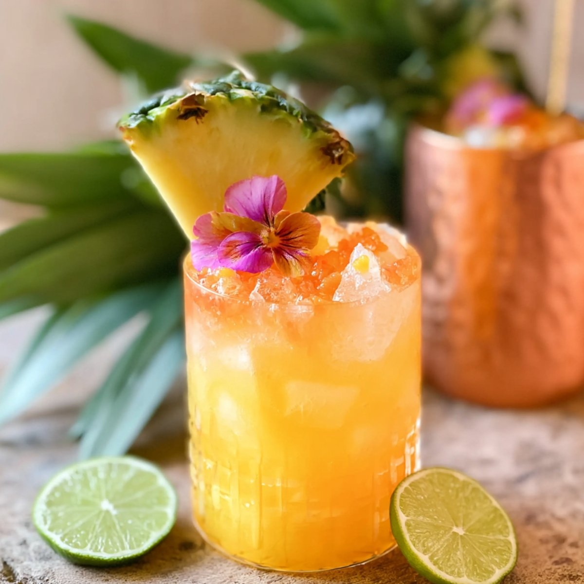 A tropical pineapple mango rum punch served over crushed ice in a rocks glass, garnished with a fresh pineapple wedge and a pink edible pansy flower, with lime halves on the side.