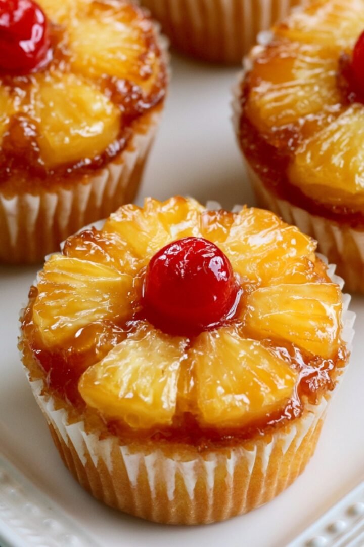 Three pineapple upside-down cupcakes on a white plate, each topped with a caramelized pineapple ring and a bright red maraschino cherry in the center.