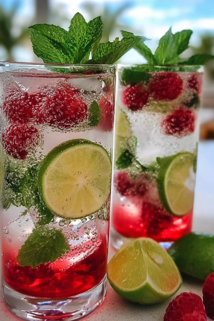 Two tall glasses of sparkling raspberry coconut mojito with fresh raspberries, lime slices, mint leaves, and ice, garnished with fresh mint sprigs, served with halved limes and raspberries on a counter with a tropical beach backdrop.