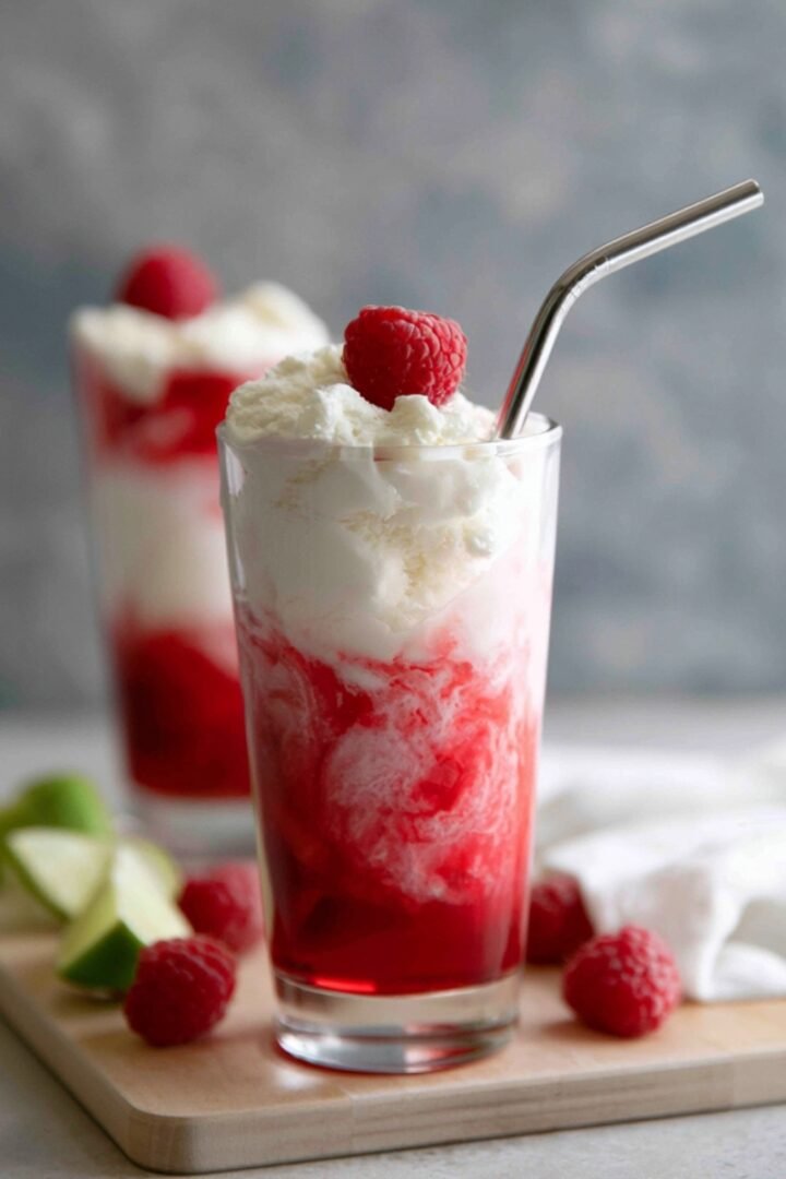 A tall glass of raspberry Italian soda topped with a swirl of whipped cream and a fresh raspberry, served with a metal straw, alongside lime wedges and scattered raspberries on a wooden board.