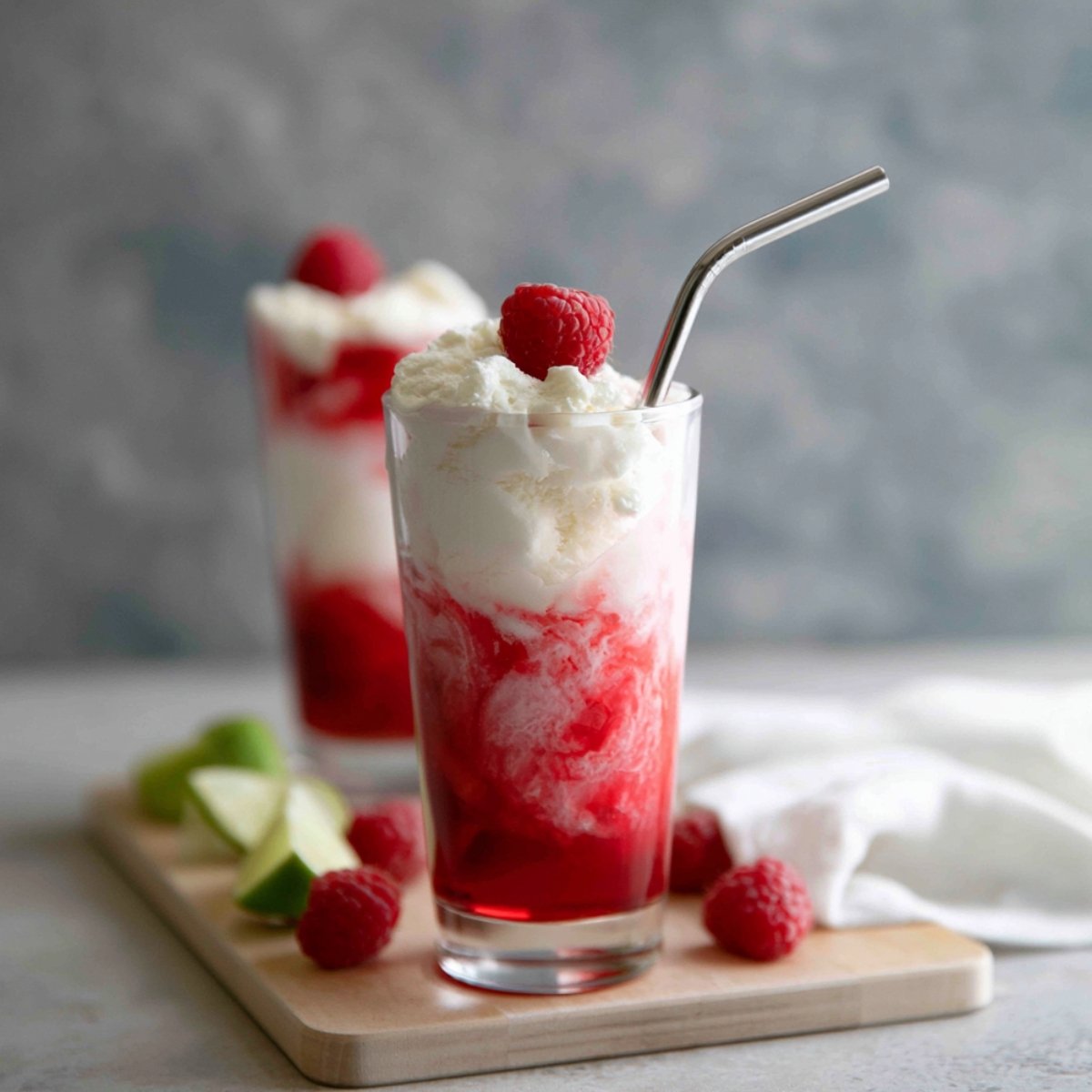 A tall glass of raspberry Italian soda topped with a swirl of whipped cream and a fresh raspberry, served with a metal straw, alongside lime wedges and scattered raspberries on a wooden board.