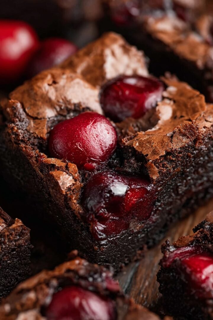 Close-up of fudgy dark chocolate brownies with a crinkled top, studded with glossy roasted whole cherries, arranged on a rustic wooden surface with fresh cherries scattered around.