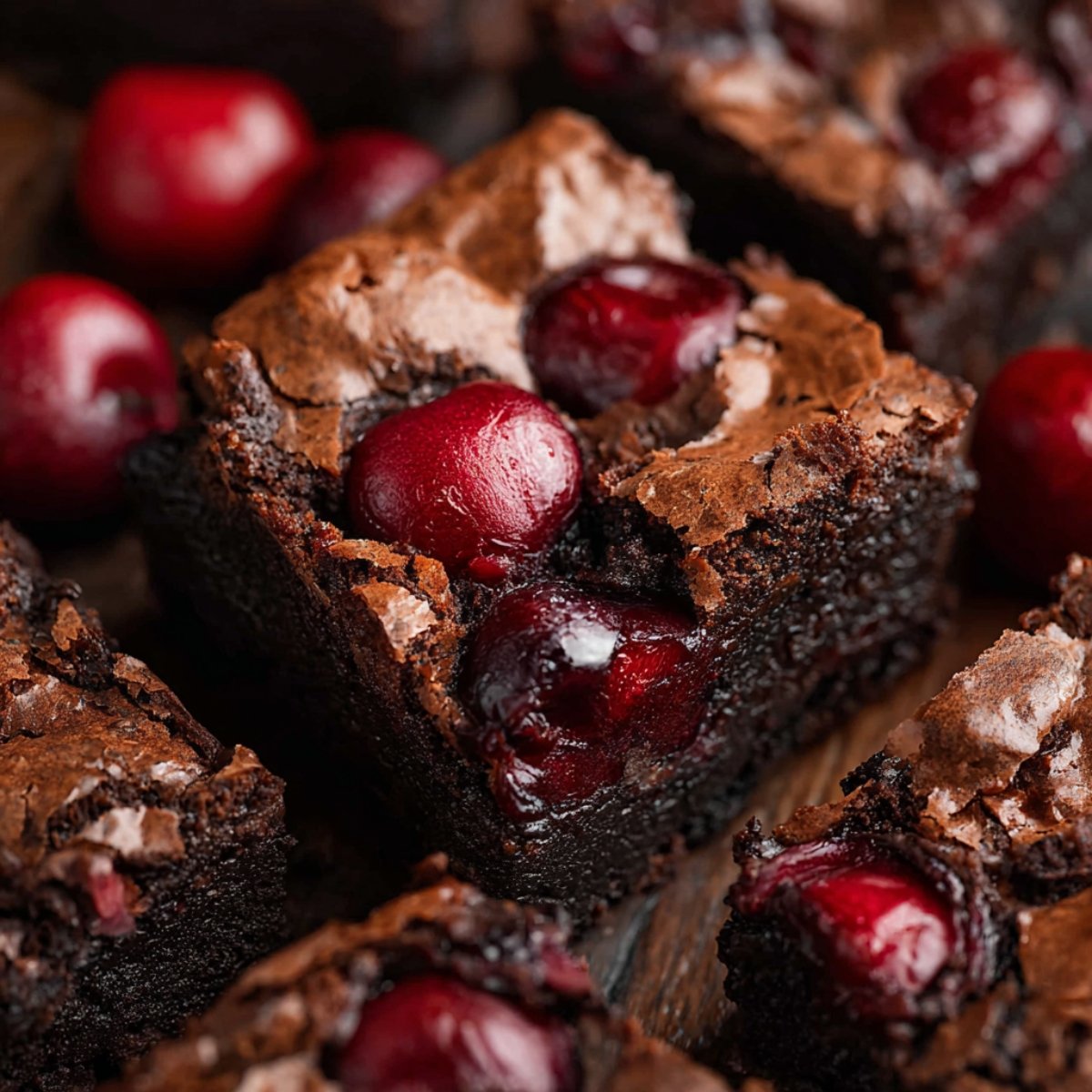 Close-up of fudgy dark chocolate brownies with a crinkled top, studded with glossy roasted whole cherries, arranged on a rustic wooden surface with fresh cherries scattered around.