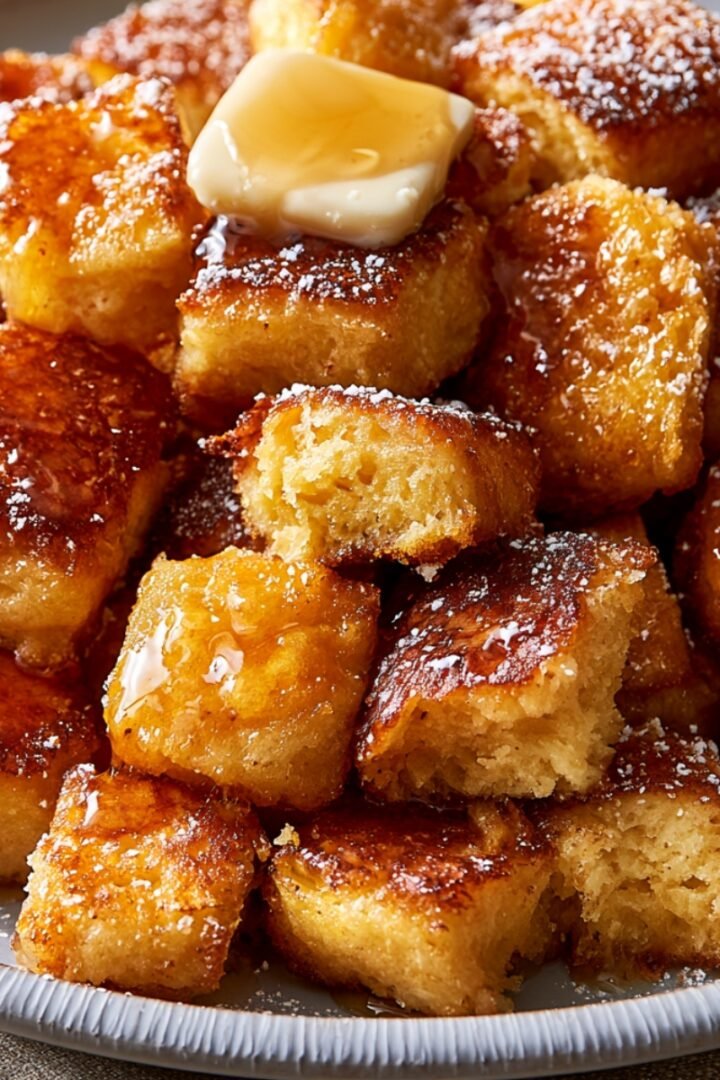 A mound of golden crispy scrambled pancake pieces (Kaiserschmarrn-style) dusted with powdered sugar and topped with a melting pat of butter, piled high on a gray plate.