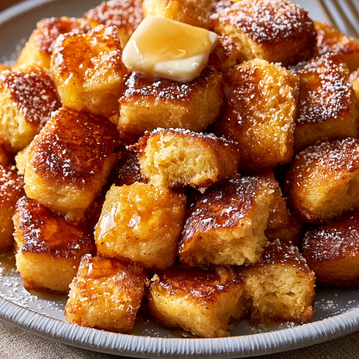 A mound of golden crispy scrambled pancake pieces (Kaiserschmarrn-style) dusted with powdered sugar and topped with a melting pat of butter, piled high on a gray plate.