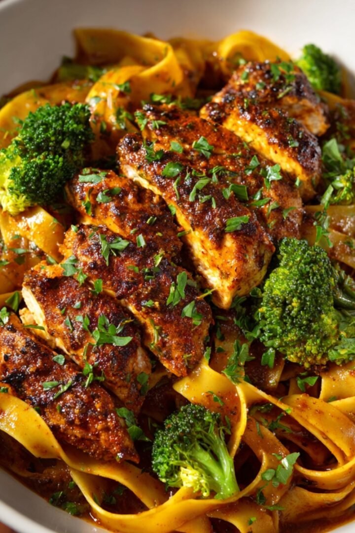 A white bowl of spicy garlic chicken and broccoli noodle bowl with wide flat noodles in a rich golden sauce, topped with charred seasoned chicken pieces, tender broccoli florets, and fresh chopped parsley.