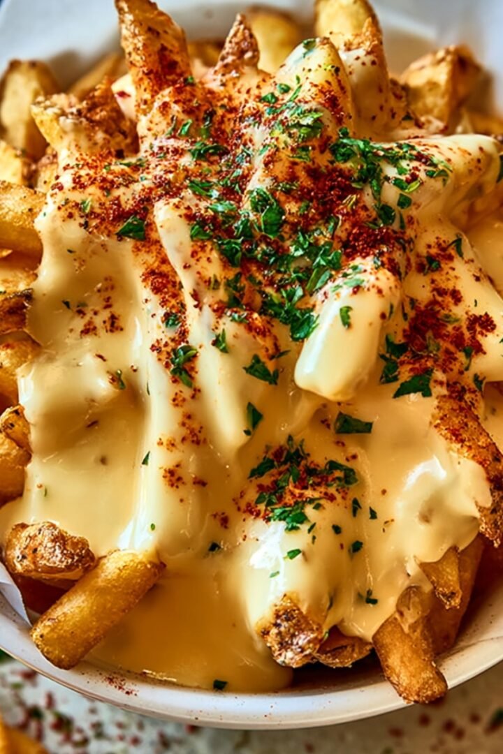 A basket of crispy golden fries smothered in creamy queso sauce, dusted with smoky red Cajun seasoning, and garnished with fresh chopped parsley.