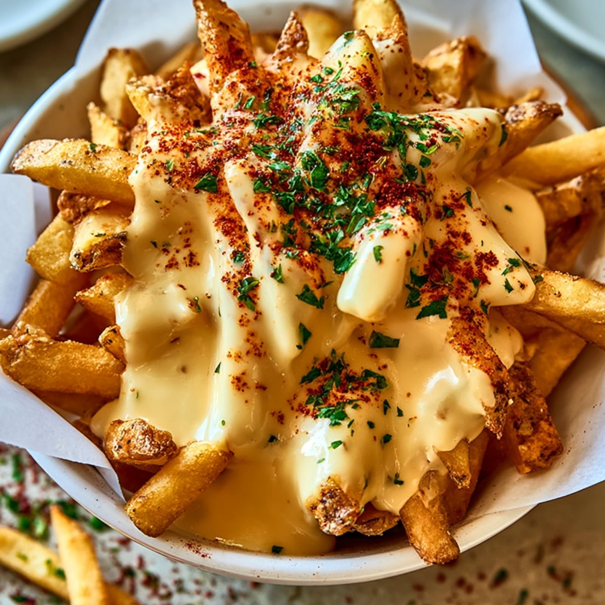 A basket of crispy golden fries smothered in creamy queso sauce, dusted with smoky red Cajun seasoning, and garnished with fresh chopped parsley.