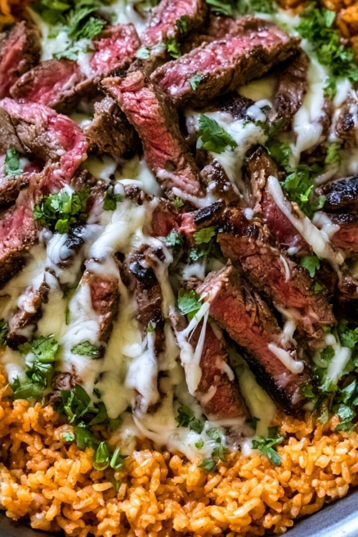 A bowl of seasoned Mexican rice topped with sliced medium-rare skirt steak, drizzled with melted queso, and garnished with fresh chopped cilantro.