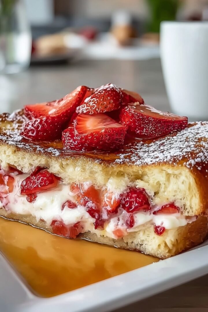 A thick slice of golden French toast casserole stuffed with creamy cheesecake filling and fresh strawberries, topped with glazed sliced strawberries and powdered sugar, served in a pool of syrup on a white plate.