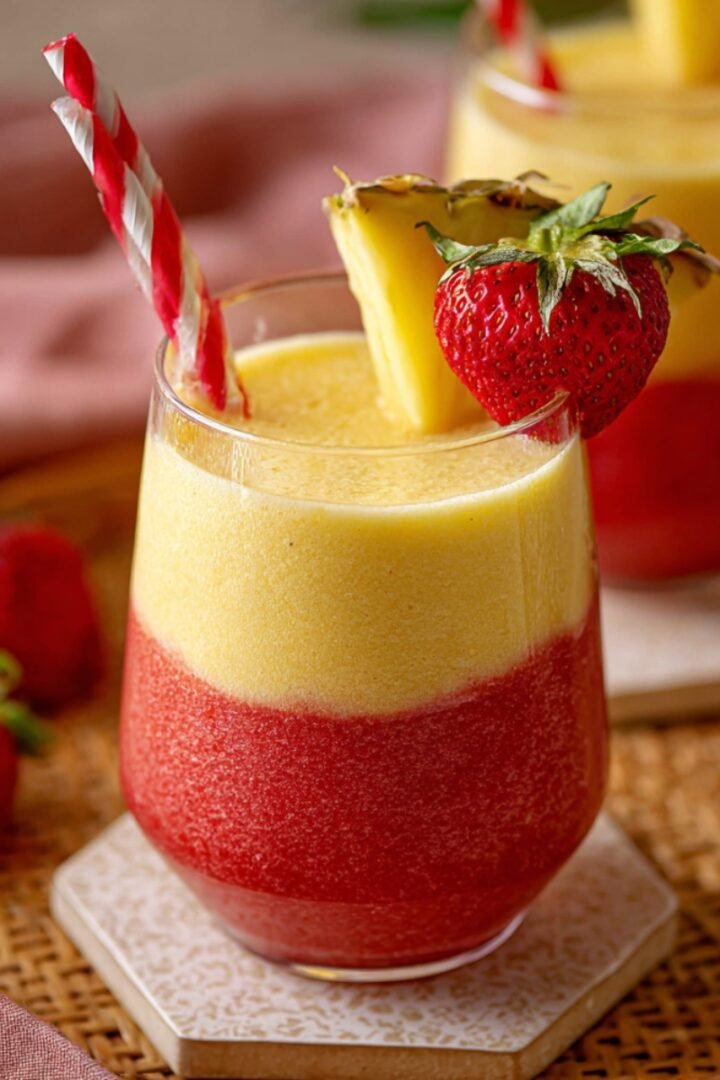 A layered strawberry piña colada with a vibrant red strawberry base and creamy yellow pineapple coconut layer on top, garnished with a fresh strawberry, pineapple wedge, and a red and white striped straw, served on a woven tray with fresh strawberries alongside.
