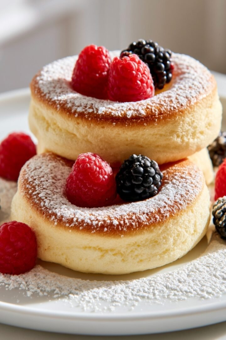 Two stacked fluffy German-style soufflé pancakes dusted with powdered sugar, topped with fresh raspberries and blackberries, with additional berries scattered on a white plate.