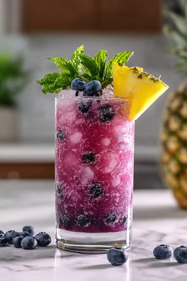 A tall glass of vibrant purple tropical blueberry smash with crushed ice and whole blueberries, garnished with fresh mint sprigs and a pineapple wedge, with scattered blueberries on a marble surface and a fresh pineapple in the background.