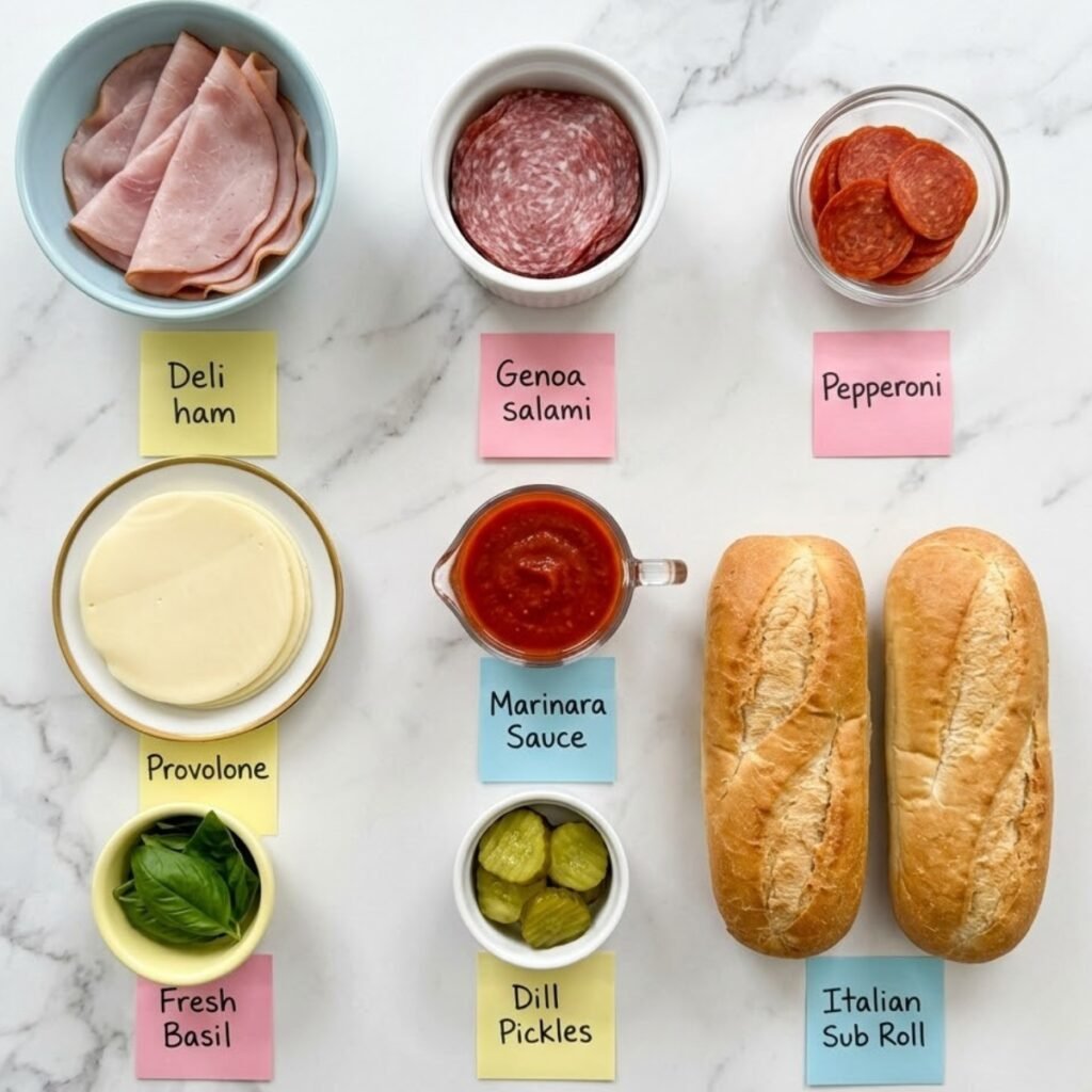 Flat lay arrangement of Italian grinder sandwich ingredients in colorful ramekins and bowls on a marble counter with handwritten sticky notes.