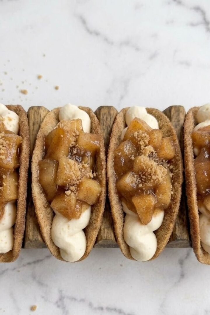 An overhead top-down view of Apple Pie Cheesecake Tacos filled with rich cream and topped with caramelized apples placed in tacos holders on white kitchen marble counter.