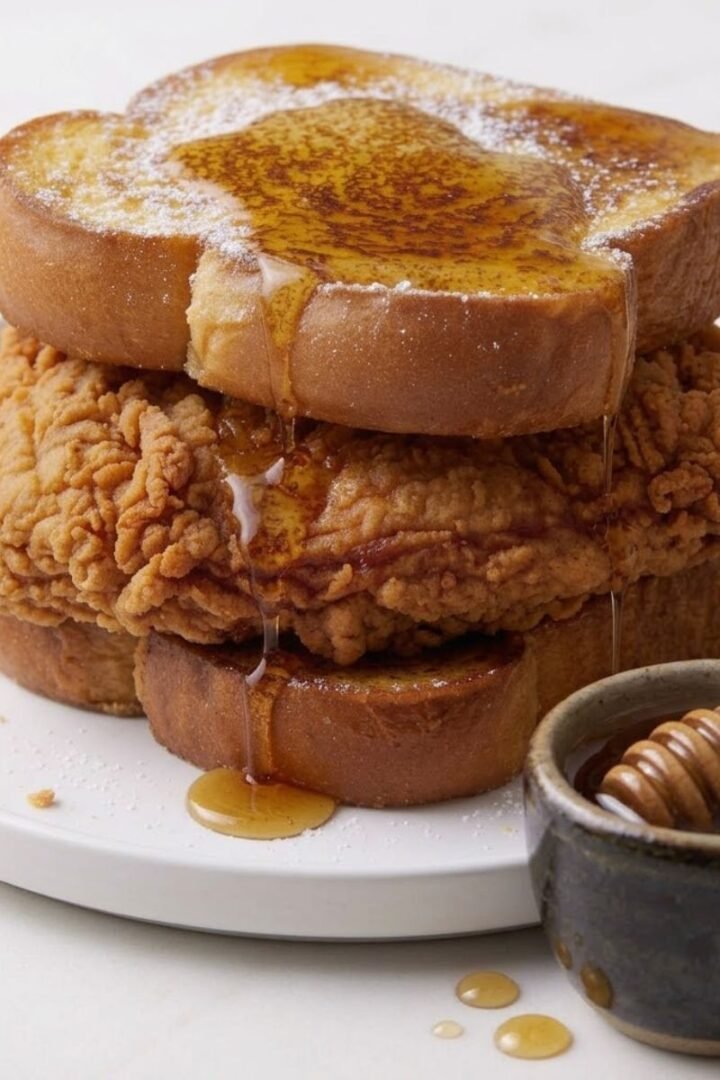 A close-up of Crispy Chicken French Toast on a white ceramic marble with a small pot of honey aside all placed on white marble kitchen counter.