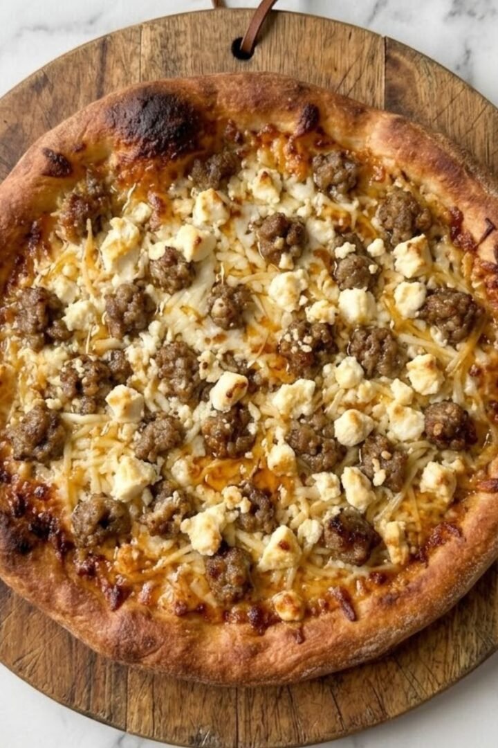 An overhead top-down view of Hot Sausage Feta Honey Pizza Drizzling Hot Honey on a wooden serving board on white marble with natural lighting.
