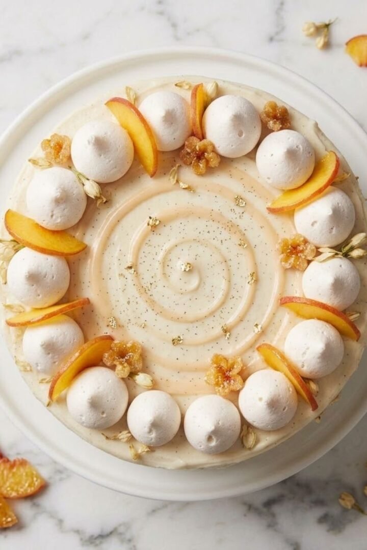 An overhead top-down view of the Jasmine Peach Vanilla Cake.