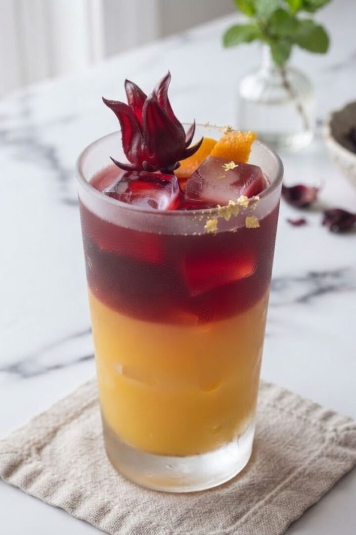 A close-up on the Mango Hibiscus Iced Tea on white marble kitchen counter.