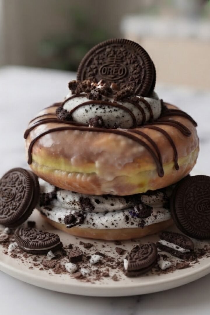 A close-up of Oreo Cheesecake Donut Burger placed on a simple white plate with oreo cookies and oreo crumbs.