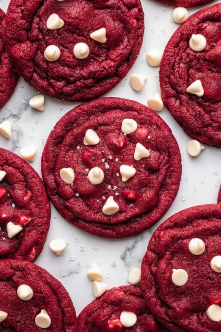 A close-up high-angle view of placed finished with, golden-edged Red Velvet Cookie with melted white chocolate chips onto a festive platter on a marble counter.