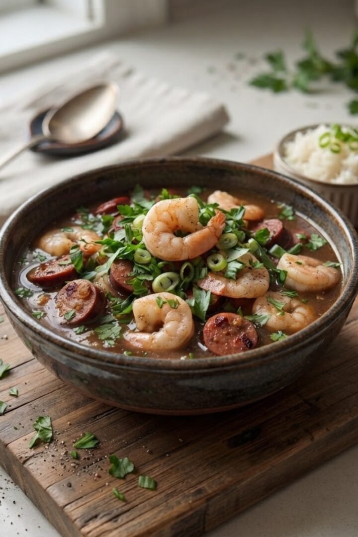 A colse-up of Shrimp and Sausage Gumbo in a black ceramic bowl, placed on a wooden board along with a small pot of rice. A window is providing natural lighting.