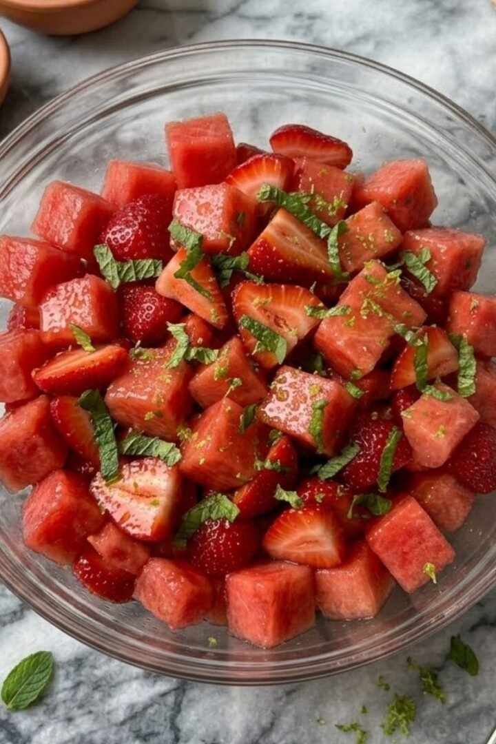 A overhead top-down view of Strawberry Watermelon Salad with Honey Lime Vinaigrette in a glass bowl placed on white marble kitchen counter with mint leaves and limes aside.