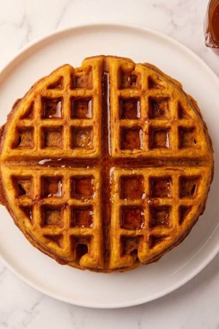 An overhead top-down view of Sweet Potato Waffles placed on a white simple plate on white marble kitchen counter, with a glass pot of honey in the top right corner.