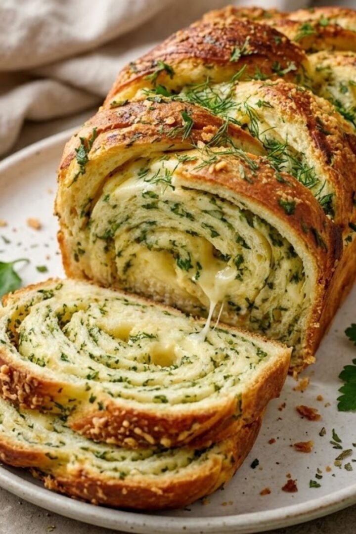 A close-up of Swirled Garlic Herb And Cheese Bread on a white plate.