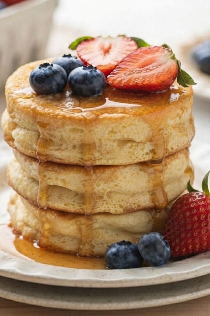Eye level close-up of Japanese Souffle Pancakes with strawberries and blueberries and marple syrup, placed on a white plate.