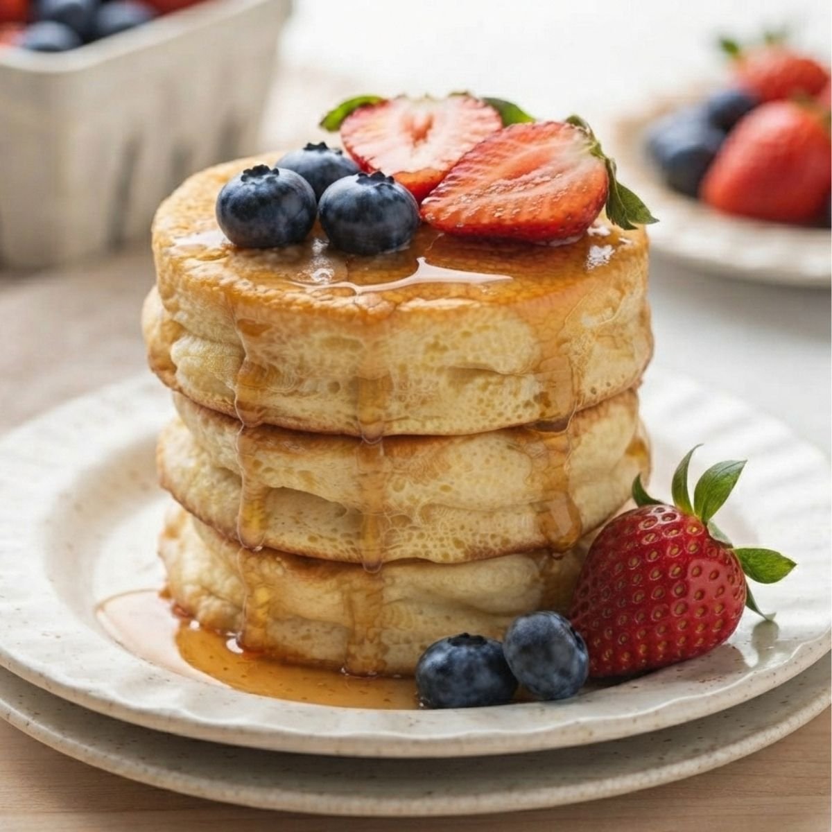Eye level close-up of Japanese Souffle Pancakes with strawberries and blueberries and marple syrup, placed on a white plate.